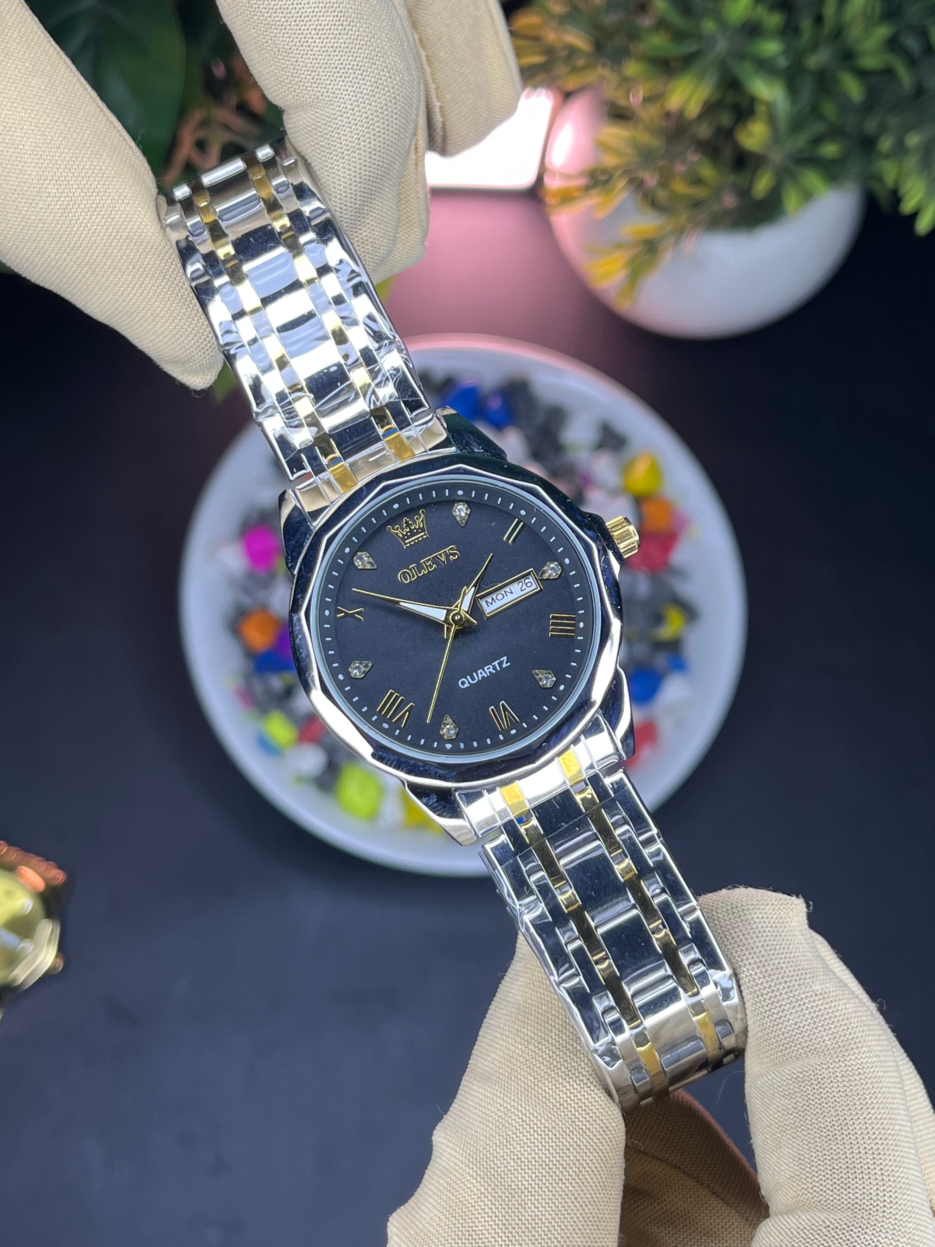 Olevs Day & Date Diamond Shape Black Dial Edition - Premium Steel Bracelet Watch