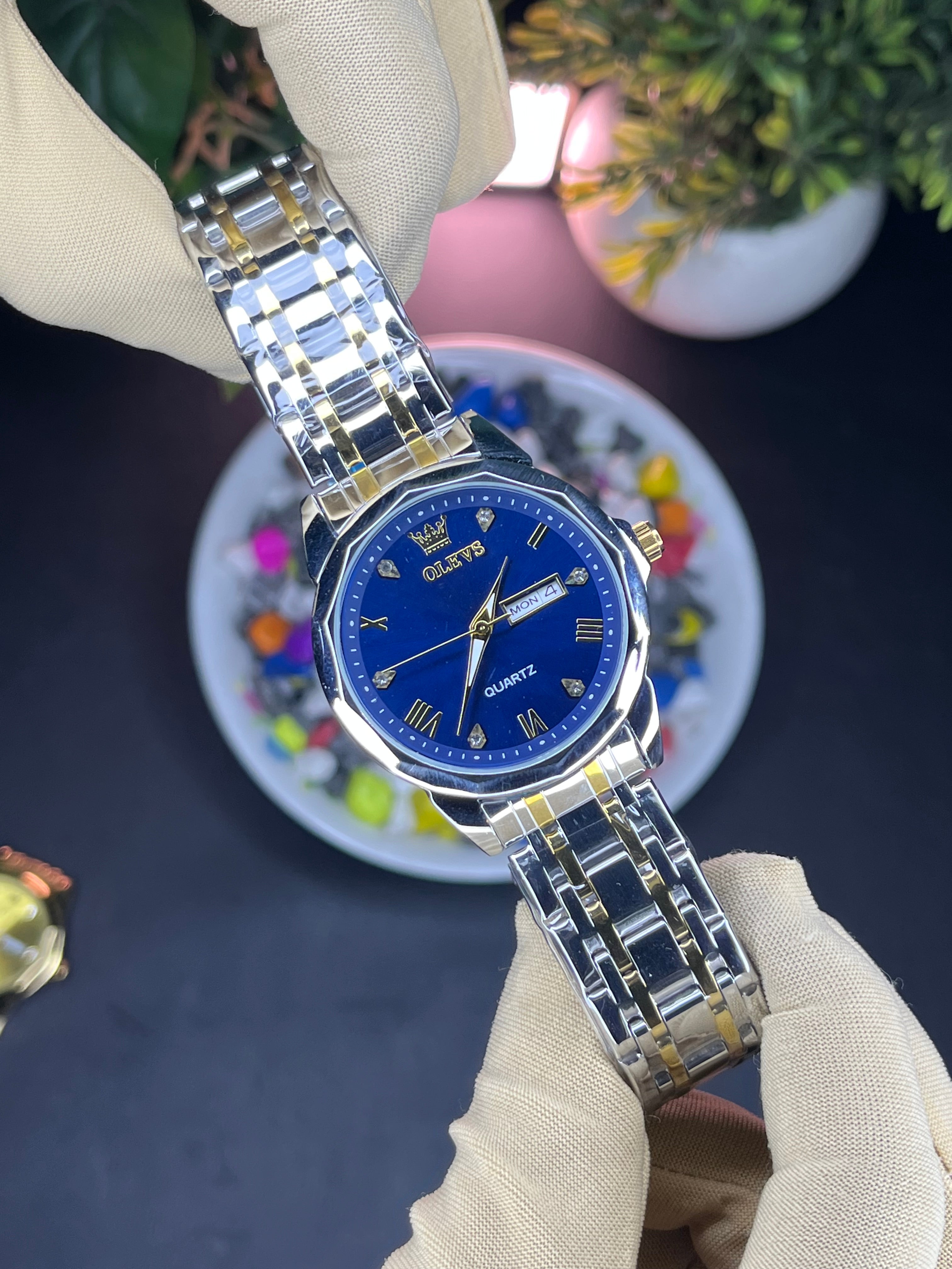 Olevs Day & Date Diamond Shape Blue Dial Edition - Premium Steel Bracelet Watch
