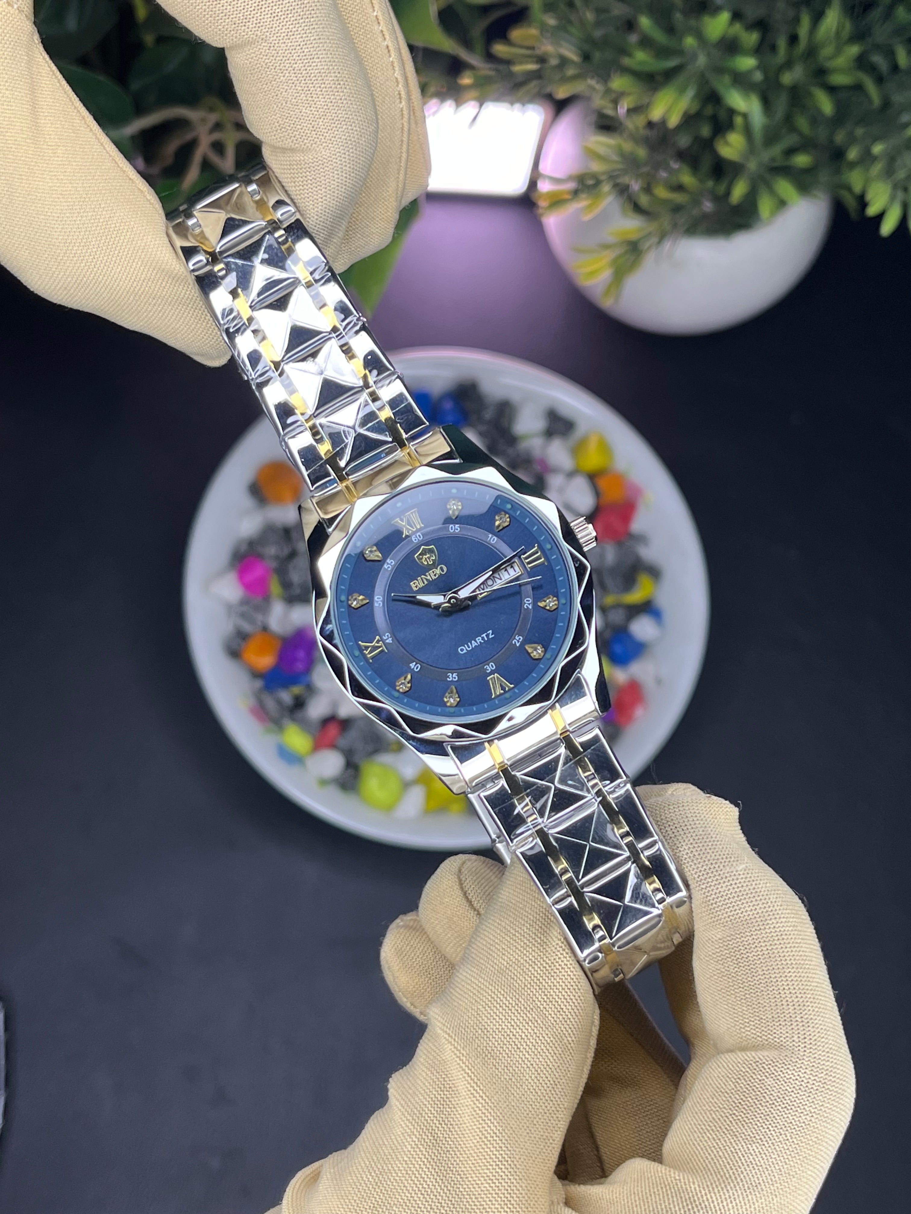 Binbond Day & Date Diamond Shape Blue Dial Edition - Premium (Steel Bracelet) Watch