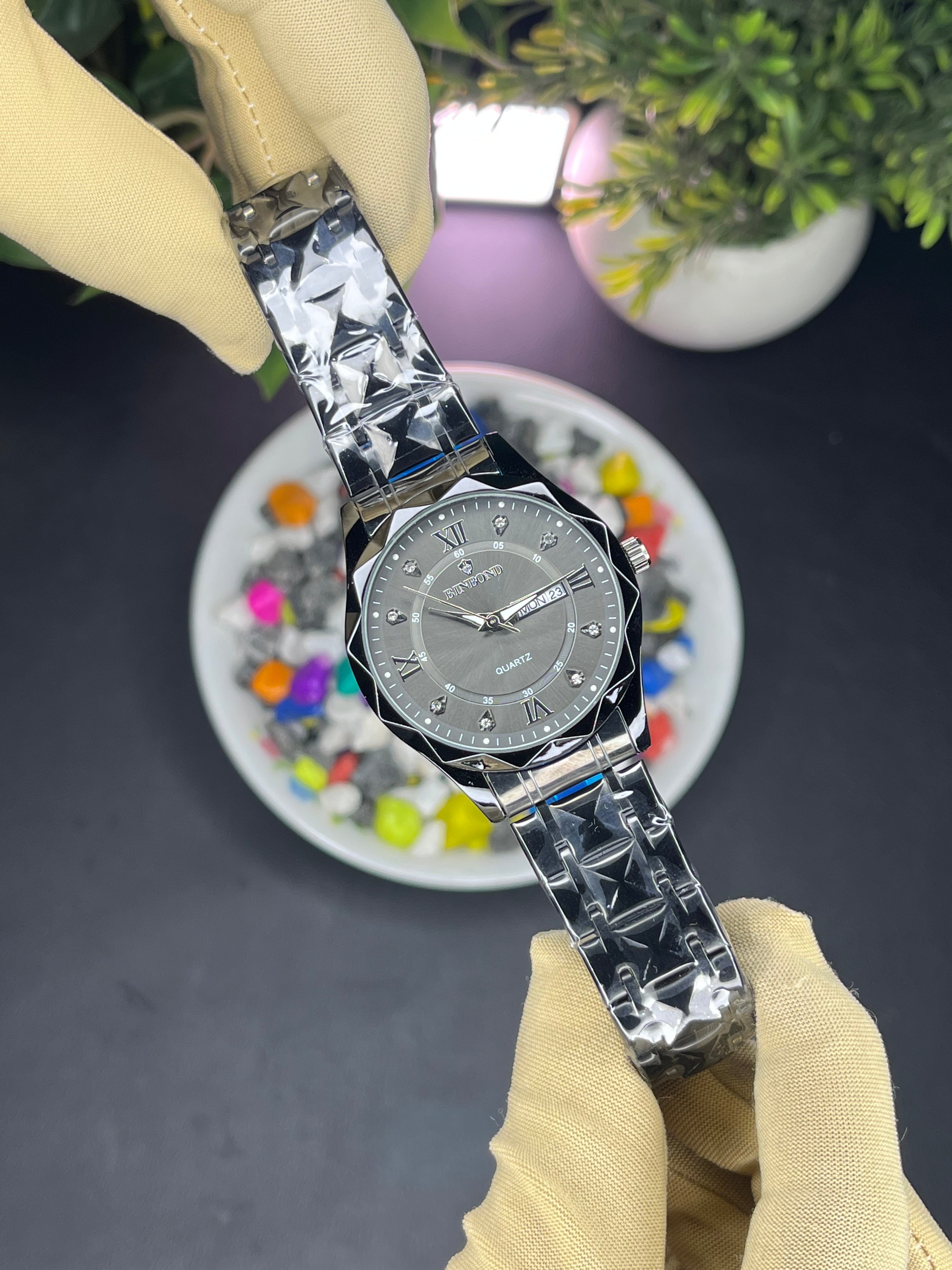 Binbond Day & Date Diamond Shape Black Edition - Premium (Steel Bracelet) Watch