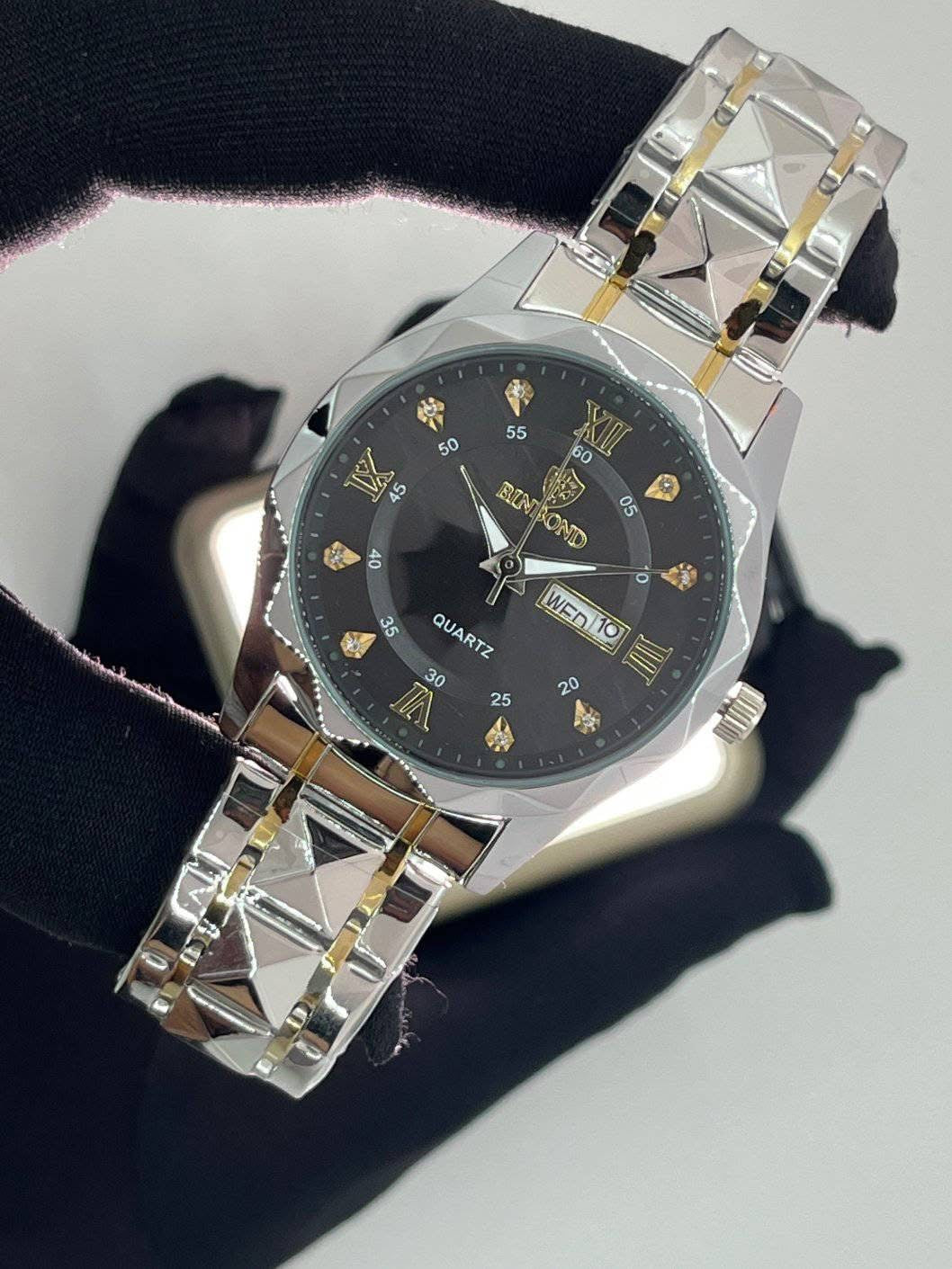 Binbond Day & Date Diamond Shape Black Dial Edition - Premium (Steel Bracelet) Watch